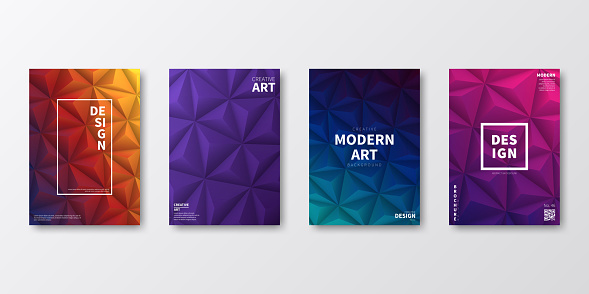 Set of four vertical brochure templates with modern and trendy backgrounds, isolated on blank background. Abstract geometric illustrations in a low poly style. Polygonal mosaics with beautiful color gradients (colors used: Red, Purple, Pink, Orange, Green, Brown, Blue, Black). Can be used for different designs, such as brochure, cover design, magazine, business annual report, flyer, leaflet, presentations... Template for your own design, with space for your text. The layers are named to facilitate your customization. Vector Illustration (EPS10, well layered and grouped), wide format (2:1). Easy to edit, manipulate, resize and colorize.