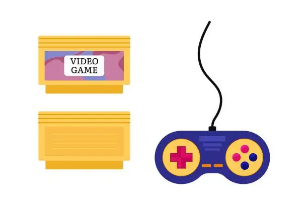 Vector illustration of Game cartridge for retro console. 90s video game joystick and yellow cassette isolated. Vector flat illustration of past videogame objects