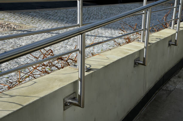 istock railing with two handrails. made of galvanized steel prisms. the lower railing is a protection against wheelchairs. ramp for the immobile in the housing estate, stainless steel, staircase, ramp 1372719639