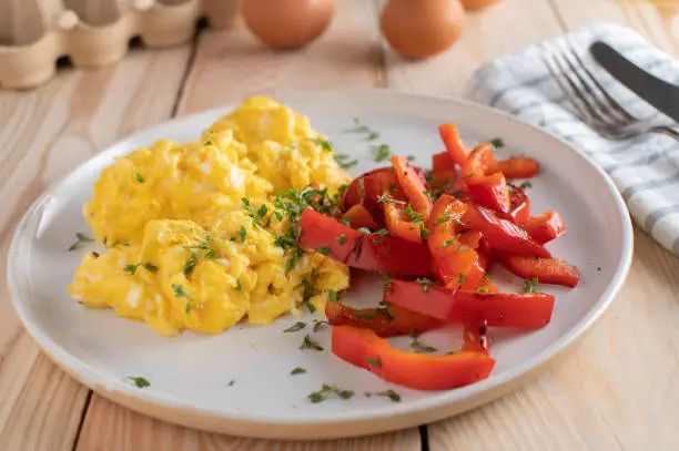 Healthy low carb or ketogenic breakfast plate with scrambled eggs served with a delicious red bell pepper salad on wooden table background, Ready to eat