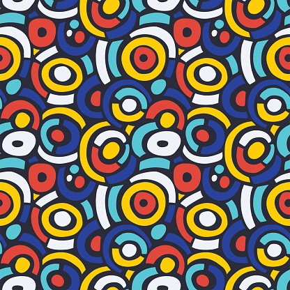 Abstract circular design in red, yellow and blue colors. Vector seamless pattern.