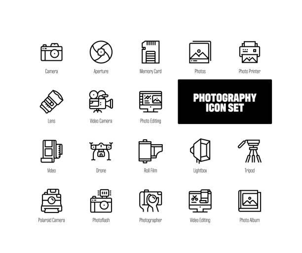 Photography Line Icons Photography Line Icons. Pixel perfect 18 icons. photo shoot stock illustrations