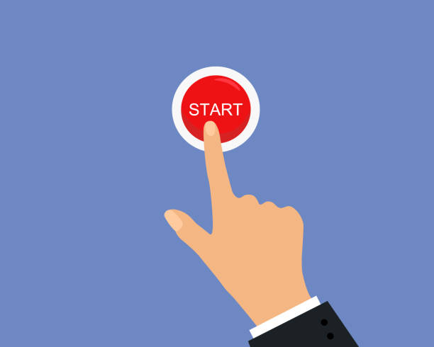 Hand Pushing Red Start Button. Beginning And Decision Concept. vector art illustration