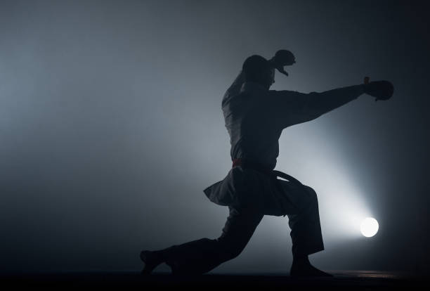 istock Young man is practicing martial arts in sport gym 1372723762