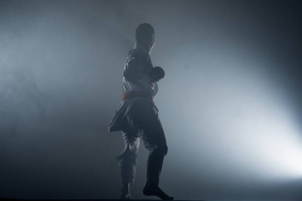 istock Young black belt fighter training karate in gym 1372723784