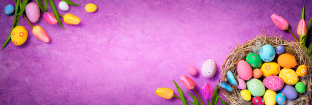 istock Easter Eggs - Tulips, Nest And Decorations On Velvet Violet Spring Background 1372727058