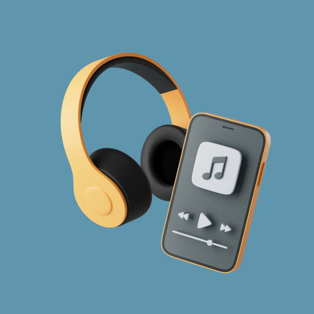 istock Simple Wireless Audio Acoustic Speakers connected to Mobile Phone on floor 3d render illustration. 1372733115
