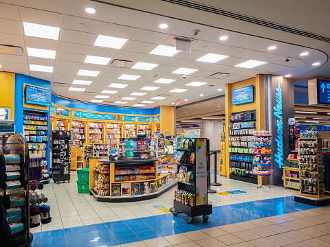 Orlando, Florida - February 4, 2022: Closeup View of Hudson News Store inside Terminal B of Orlando International Airport (MCO)