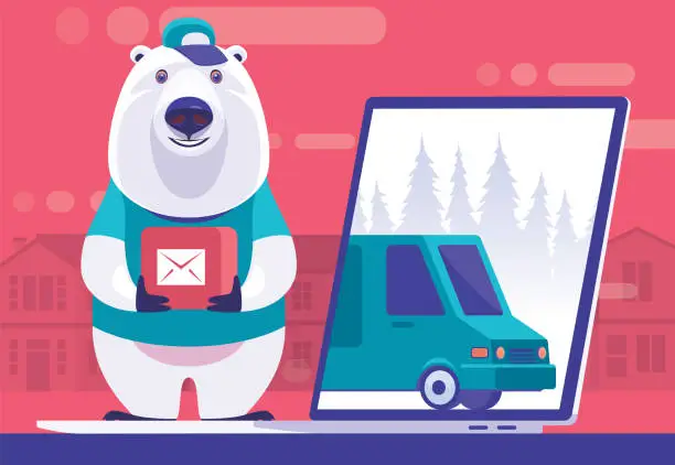 Vector illustration of courier polar bear holding email icon and standing on laptop