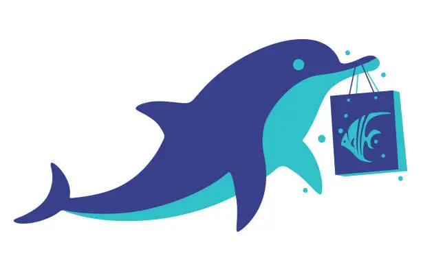 Vector illustration of dolphin holding shopping bag