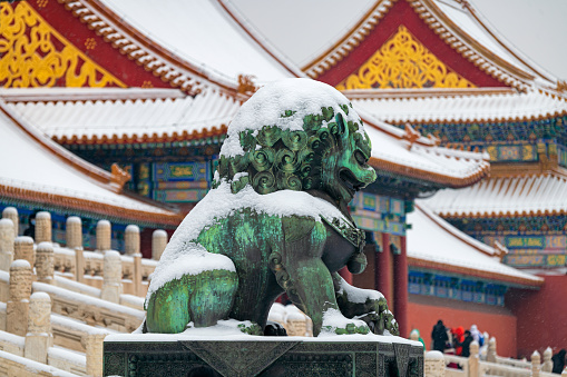 Snow view of Building Details in The Forbidden City in Beijing, China