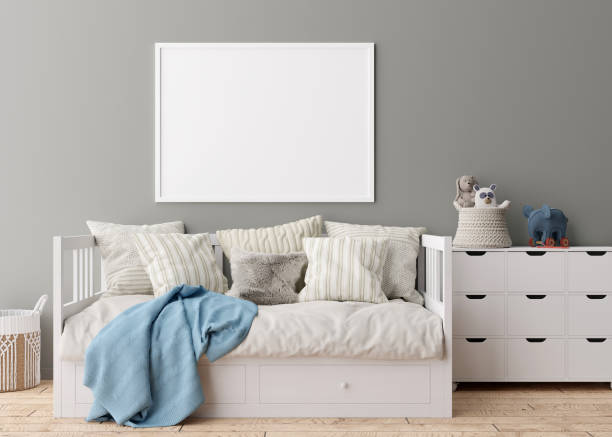 istock Empty horizontal picture frame on gray wall in modern child room. Mock up interior in scandinavian style. Free, copy space for your picture. Bed, console, toys. Cozy room for kids. 3D rendering. 1372738070