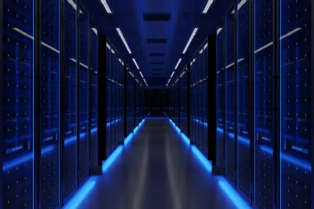 Photo of Server room in data center full of telecommunication equipment, big data storage cloud technology