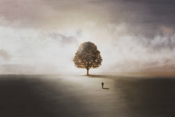 illustration with lonely man walking towards a tree, symbol of life vector art illustration