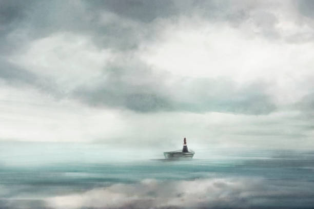 ilustracja samotnej kobiety z łodzią na środku oceanu, koncepcja podróży - castaway stock illustrations