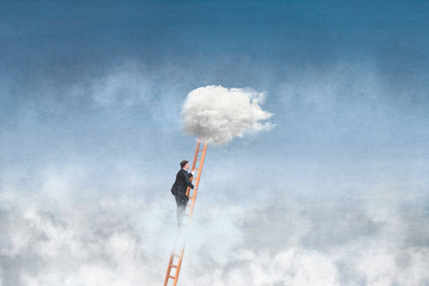concept of success, surreal businessman reaches the highest step up to the sky vector art illustration