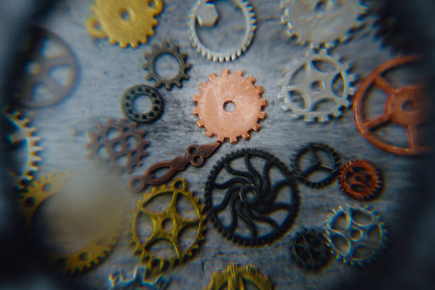 Image 3d artwork poster collage of happy businessman stand gearwheel graph progress statistics aim achievement statistics.