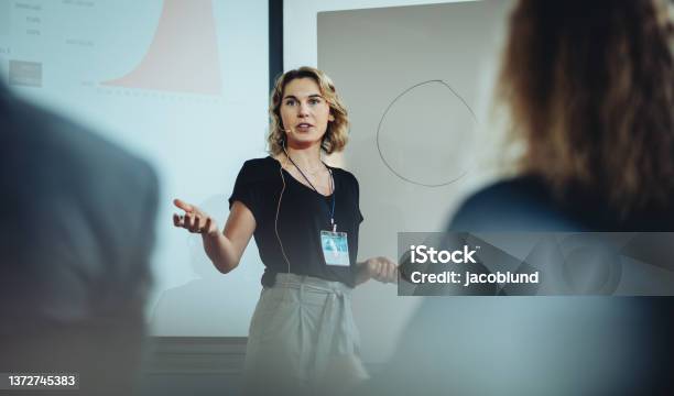 Business1oman Presenting Her Idea To Colleagues In Meeting Stock Photo - Download Image Now