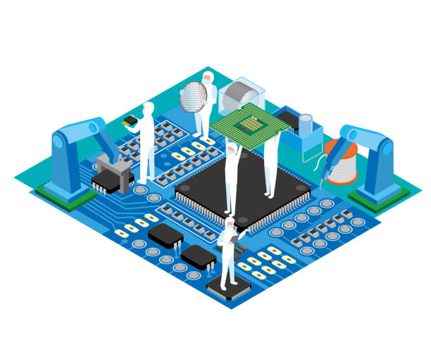 obraz izometryczny fabryki półprzewodnikowych komponentów elektronicznych - semiconductor industry stock illustrations