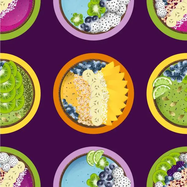 Vector illustration of Seamless pattern with tasty smoothie bowls.