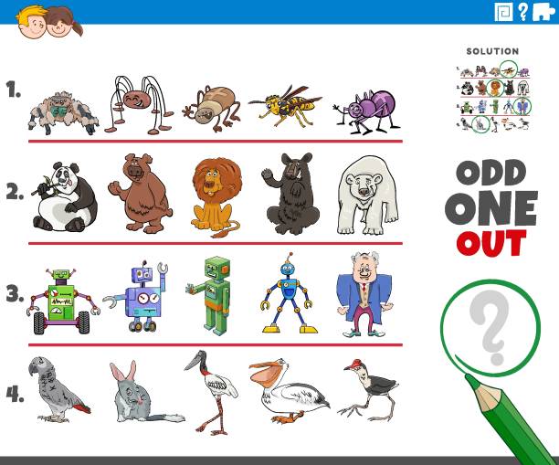 odd one out game with cartoon characters Cartoon illustration of odd one out picture in a row educational game for children with comic characters robot spider stock illustrations