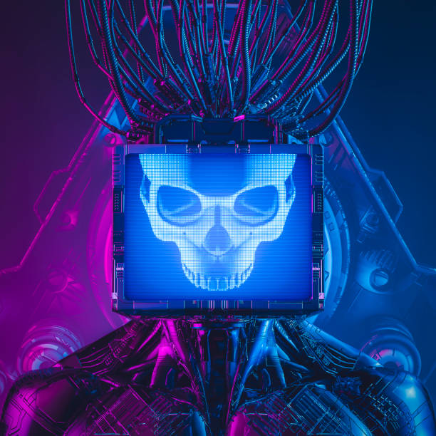 Artificial intelligence monitor head skull 3D illustration of science fiction robot with glowing computer display face evil stock pictures, royalty-free photos & images