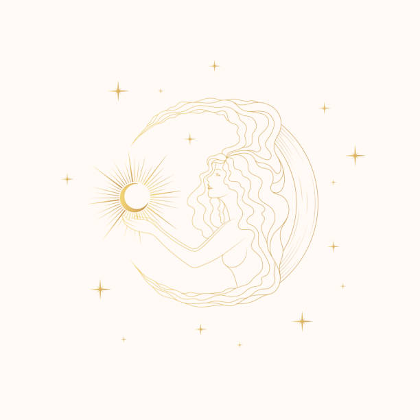 An elegant golden figure of a  goddess sitting on the moon and holding the sun in her hands. Celestial line vector illustration for a chic tattoo, poster, tapestry or greeting card. vector art illustration