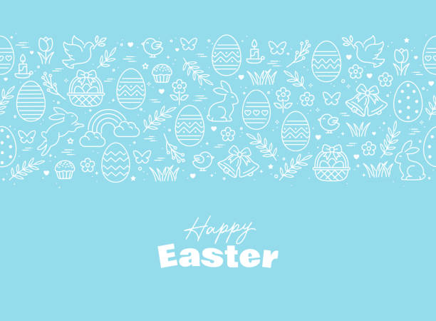 ilustrações de stock, clip art, desenhos animados e ícones de seamless pattern icons with easter eggs, flowers, bunnies and butterfly. - pascoa