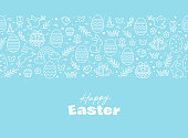 Seamless pattern icons with Easter eggs, flowers, bunnies and butterfly.