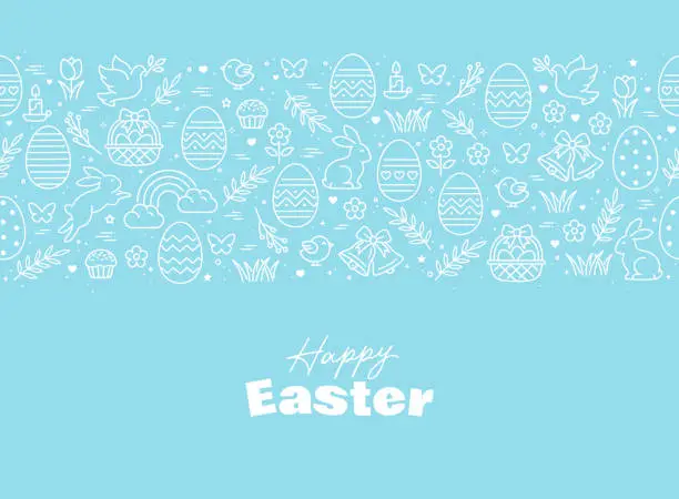 Vector illustration of Seamless pattern icons with Easter eggs, flowers, bunnies and butterfly.