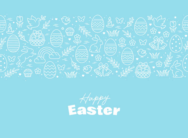 seamless pattern icons with easter eggs, flowers, bunnies and butterfly. - 复活节 幅插畫檔、美工圖案、卡通及圖標