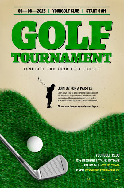 ilustraciones, imágenes clip art, dibujos animados e iconos de stock de plantilla de póster de torneo de golf con club, pelota y hierba - golf