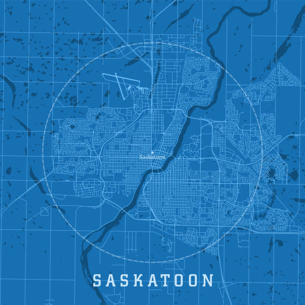 saskatoon sk city vector mapa drogowa niebieski tekst - south saskatchewan river stock illustrations