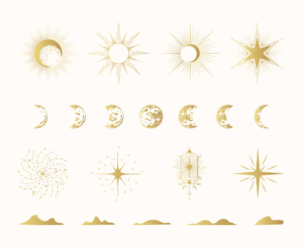 Golden esoteric symbols celestial isolated set. Hand drawn vector illustration of mystical sun, moon, stars and planets in  line art cosmic collection for posters and greeting cards. vector art illustration