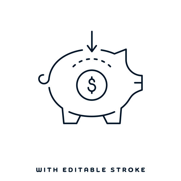 Piggy Bank Line Icon Design Piggy bank concept graphic design can be used as icon representations. The vector illustration is line style, pixel perfect, suitable for web and print with editable linear strokes. budget cuts stock illustrations