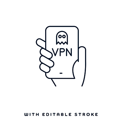 VPN mobile app concept graphic design can be used as icon representations. The vector illustration is line style, pixel perfect, suitable for web and print with editable linear strokes.