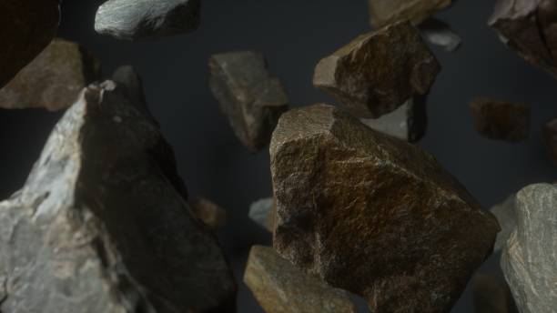 istock Rocks set on grey dark background. Fly rocks pieces background. 3d rendering 1372767124