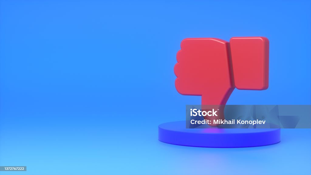 Red rejection sign on a dark blue podium on a blue background. The concept of rejection, failure, failure, reports, business, marketing. 3d rendering Disappointment Stock Photo