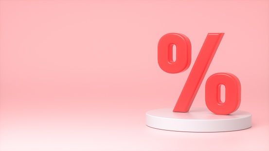 Red percent sign on a white podium on a pink background. 3d rendering