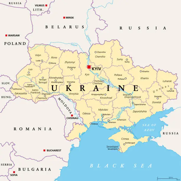 Vector illustration of Ukraine, administrative divisions and centers, political map