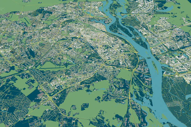 Map of the capital of Ukraine, Kiev. Buildings and city center. Aerial view Map of the capital of Ukraine, Kiev. Buildings and city center. Aerial view. Roads and communication routes. 3d rendering. Access points to the city dnieper river stock pictures, royalty-free photos & images