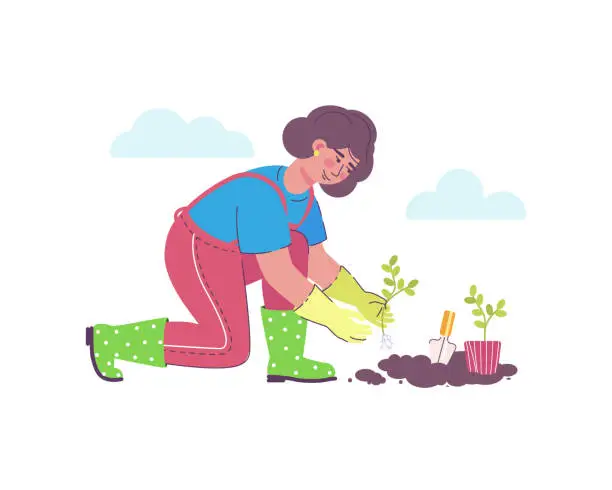 Vector illustration of A female gardener in working overalls, gloves and rubber boots plants seedlings from a pot in open ground. Vector illustration on the theme of gardening, farming and landscape design
