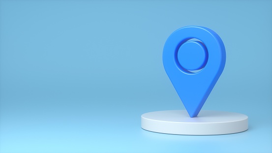 Blue mark and target sign on a white podium on a blue background. The concept of search, goals, labels, travel. 3d rendering