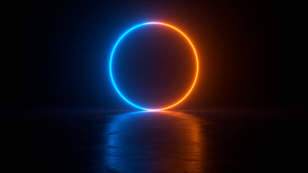 istock Abstract neon background with orange blue glowing ring on dark background. Empty glowing techno backdrop. Luminous swirling. Floor reflection. Frame, circle, ring shape, empty space. 3D illustration 1372768871