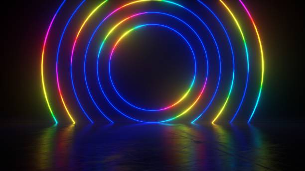 istock Abstract neon background with multicolored glowing rings on dark background. Empty glowing techno backdrop. Luminous swirling. Floor reflection. Frame, circle, ring shape, empty space. 3D illustration 1372768885