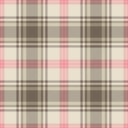Beige, pink and khaki Scottish tartan plaid pattern, fabric swatch close-up.