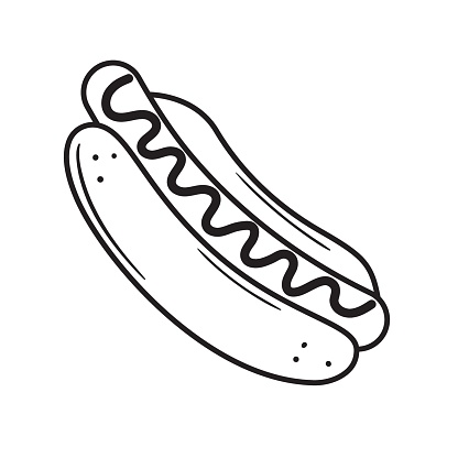 Black outline hot dog icon. Doodle silhouette of sausage and bun. Hand drawn fast food drawing. Vector illustration