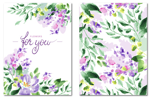 Delicate hand drawn watercolor floral card set. Decorative border and seamless pattern with leaves and lilac. Lettering is saying flowers for you. Vector file with separately editable objects and a seamless pattern.