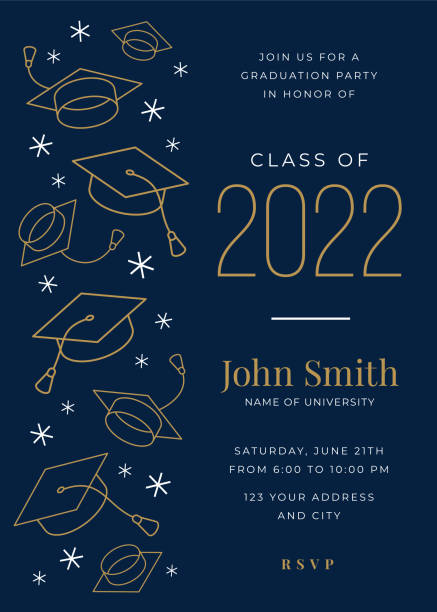 векторная иллюстрация шаблона приглашения выпускного класса 2022 года с элементами значка. - graduation stock illustrations