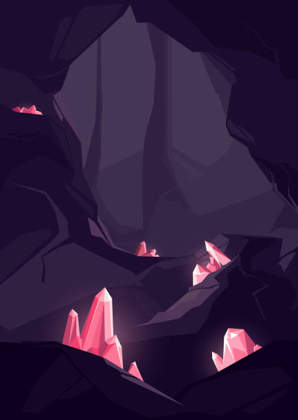 Cave with red crystals. Cave with red crystals. Underground location in portrait format. cave stock illustrations